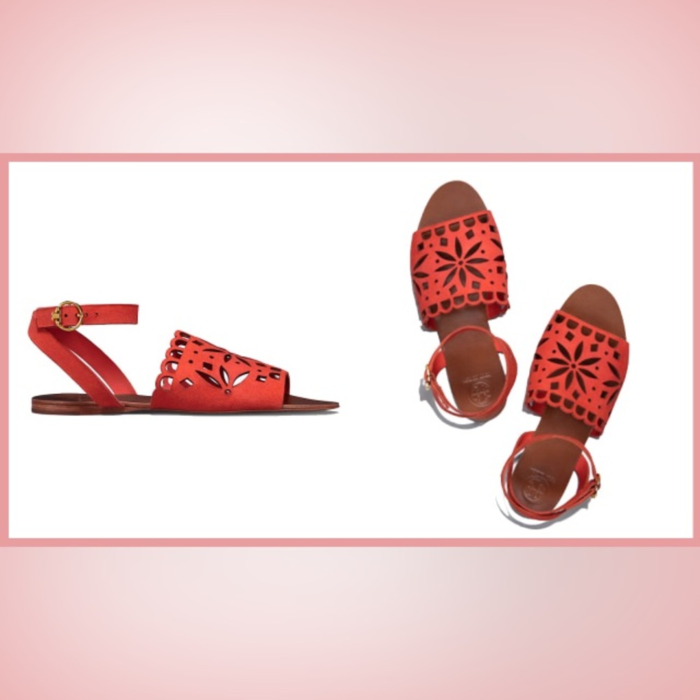 Tory Burch May flat sandals poppy orange 9M Suede Perforated Resort Vaca NIB